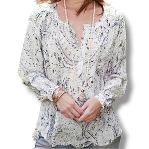 Go By Go Silk Peasent Printed 100% Silk Long-Sleeve Blouse - Size Small